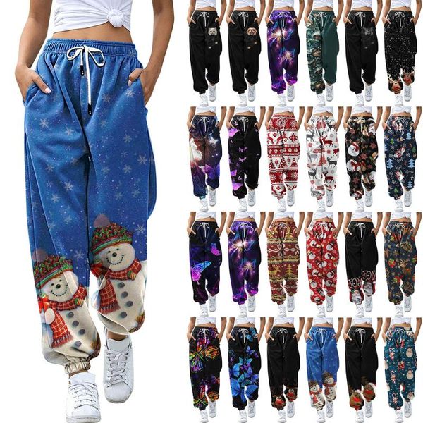 

women's leggings women thicken elk printing christmas funny printed elastic skinny drawstring trousers, Black