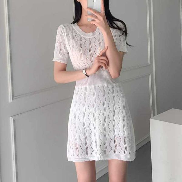 Koreanische Mode Pullover Kleid Frauen aushöhlen Gestrickte s es Elegante Hohe Taille Vestidos De Fiesta 210529