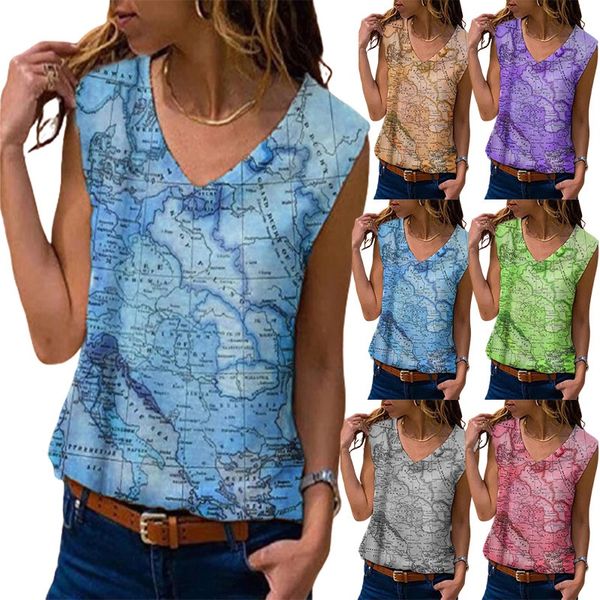 

2021 european and american spring and summer new vest map printed t-shirt women's wear, White