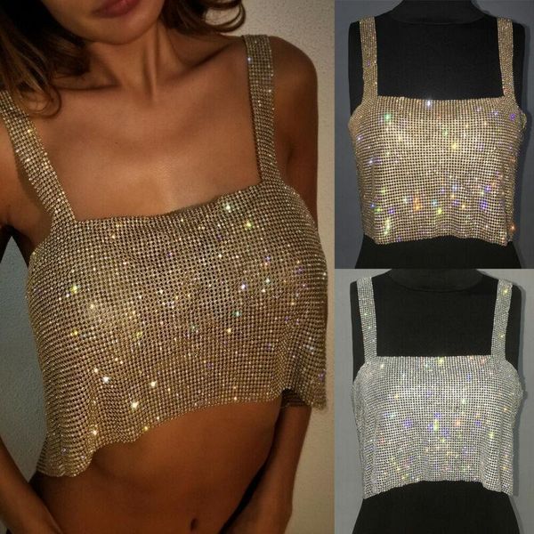 

adjustable tees women cami club party tank metal mesh strap sheath draped spark diamonds neck halter backless pullover, White