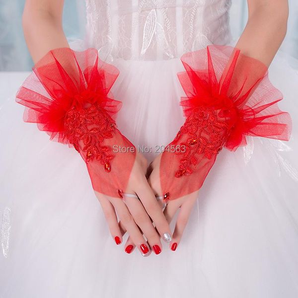 

bridal gloves short wedding party fingerless tulle wrist lace red, White