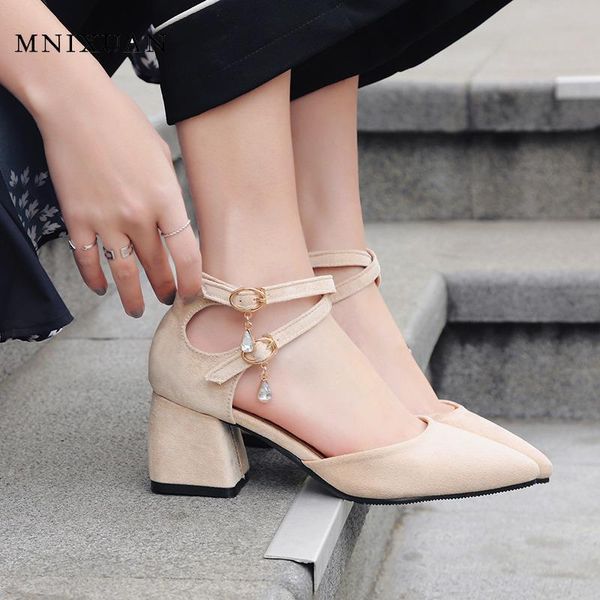 

ankle strap sandals size 11 women shoes 2021 flock pointed toe black block high heels office career 40