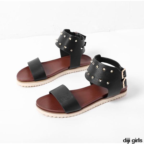 

women sandals rivet retro ankle buckle strap soft flats female pu vintage shoes summer comfort rome ladies plus size, Black