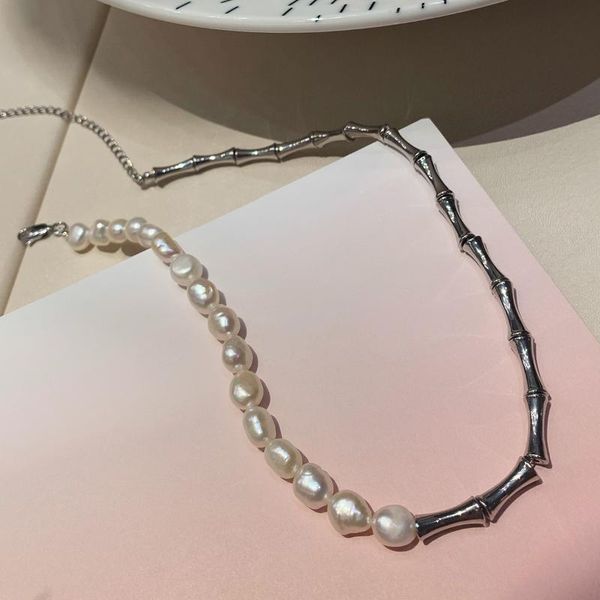 

chokers original design fashion stitching freshwater pearl bamboo section necklace personality collarbone chain woman, Golden;silver