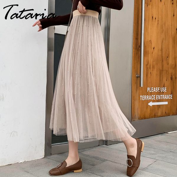 

tataria women's pleated mesh pearl beading skirt with high waist a-line casual elegant women quality loose midi 210514, Black