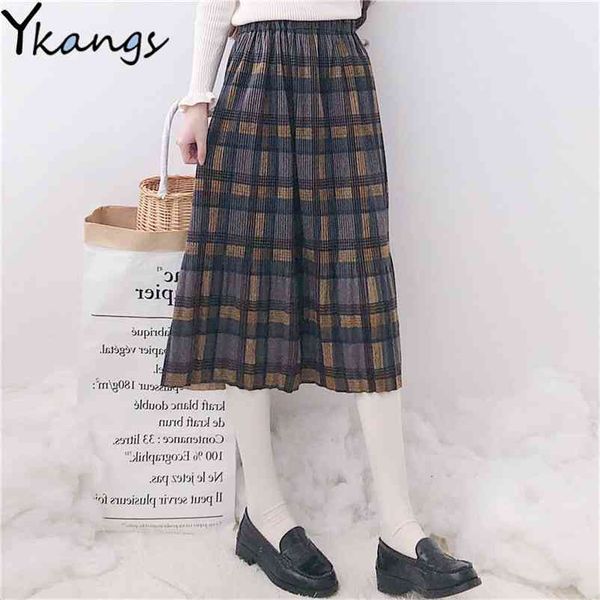 

japanese style kawaii high waist pleated skirt women winter wool midi plaid female harajuku green school long 210421, Black