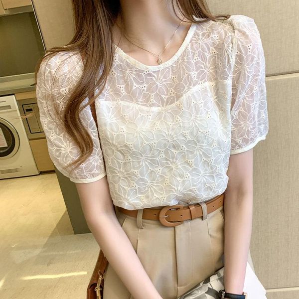 

women's blouses & shirts 2021 summer women casual slim short sleeve o-neck apricot lace fashion elegant office lady clothing, White