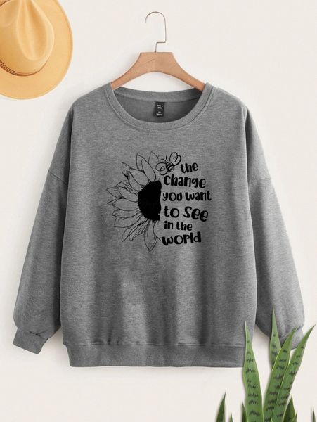

plus slogan and sunflower print drop shoulder pullover j9kr#, Black