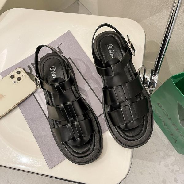 

women sandals fashion hollow woven outdoor casual shoes platform thick sole beach 2021 summer non slip roman, Black