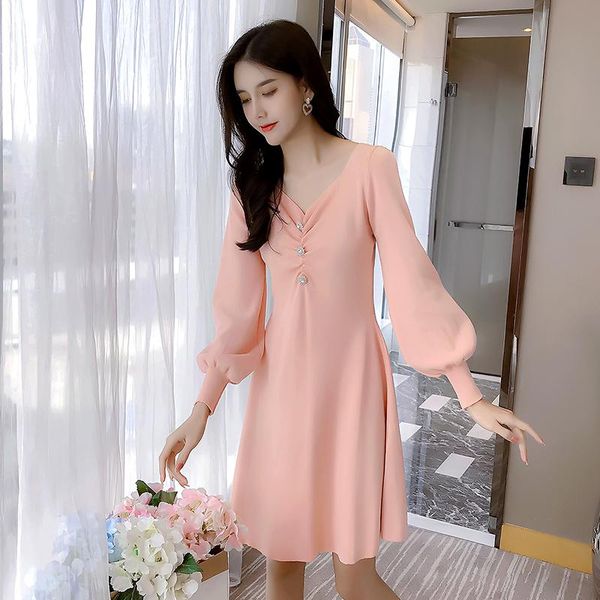

casual dresses sweet elegant slim knitted a-line dress female 2021 autumn winter women temperament long lantern sleeve v-neck sweater, Black;gray