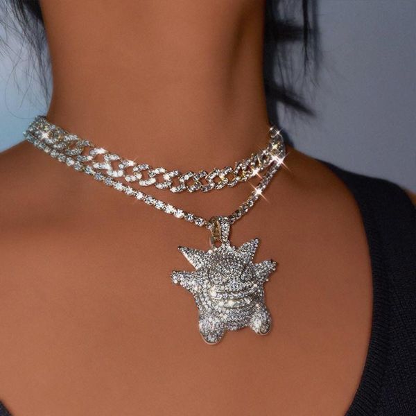 

chains trendy silver color crystal demon pendant necklace for women men retro multilayer chunky metal chain choker jewelry