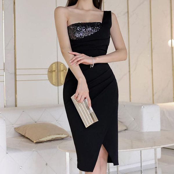 

korean casual slash neck sequin strapless patchwork slim wrap hip dress waist hollow bodycon women off shouder dresses, Black;gray