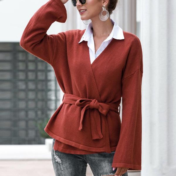 

women's jackets women autumn cardigan sweaters long sleeve casual v-neck soft belt elegant woman thin knitted short coat 2021, Black;brown