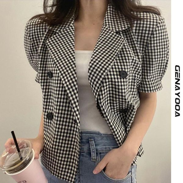 

women's suits & blazers genayooa summer plaid blazer women 2021 short sleeve office ladies and jackets loose elegant feminino chic, White;black