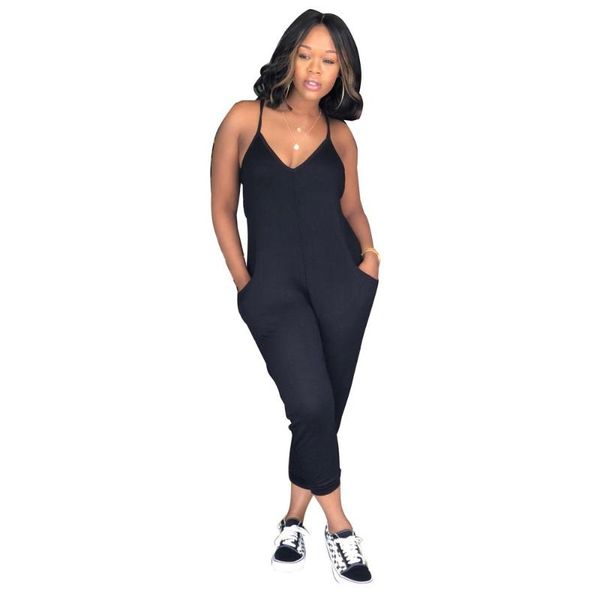 

women's jumpsuits & rompers lady v neck long women with pockets, Black;white