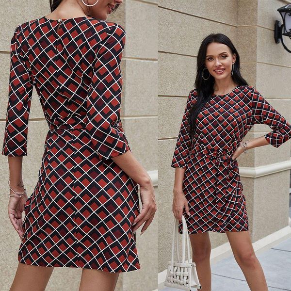 

women 3/4 sleeve crew neck rhombus plaid belted waist mini slim a-line dress casual dresses, Black;gray