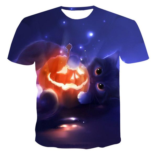 

2021 summer bt selling halloween cat 3d printed t-shirt short sve m006, White;black