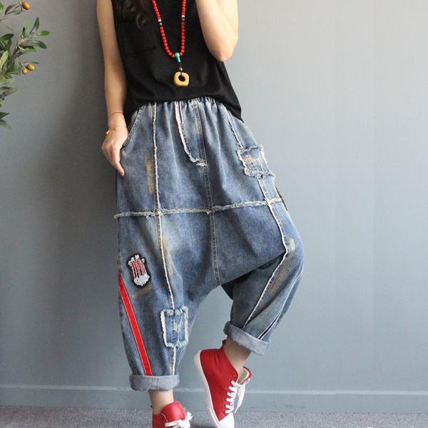 

women's jeans women baggy low crotch denim pants plus size elastic waist floral embroidered hip hop oversized harem trousers boyfriend, Blue