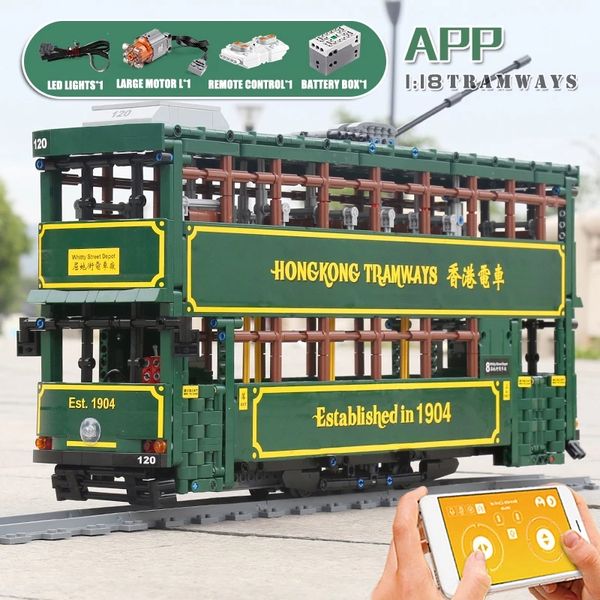 Motorisierte 1904 Hongkong Tramways Bus Modell Bausteine MOULD KING KB120 APP MOC Auto Ziegel Kinder Bildung Weihnachten Geschenke Geburtstag Spielzeug für Kinder