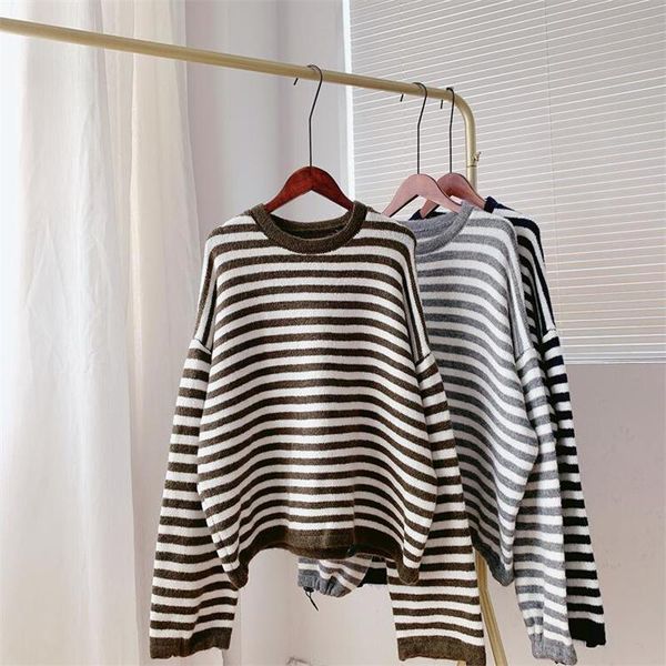 

women's sweaters autumn and winter casual striped round neck long-sleeved loose sweater, White;black