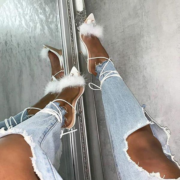 

sandals nice pink white women open toe furry fur summer high-heeled ladies wedding stripper shoes, Black