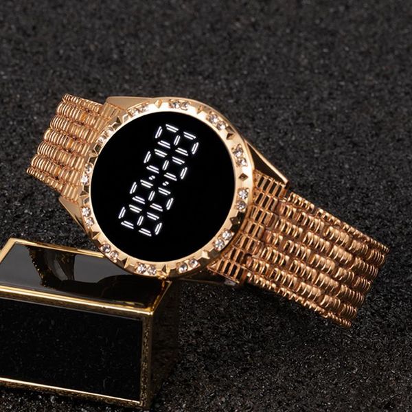 

wristwatches luxury touch screen led digital watch for women fashion rhinestone ladies stainless steel women's wrist clock, Slivery;brown