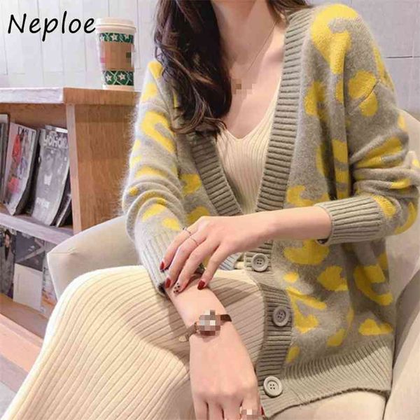 

chic v-neck leopard sweater women long sleeve single-breasted femme knitted cardigan autumn fashion jacket 210422, White;black