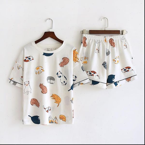 

summer 100% cotton pajamas women sleepwear pajama set cute cats cartoon print sweet sets short sleeve shorts pijama homewear, Black;red