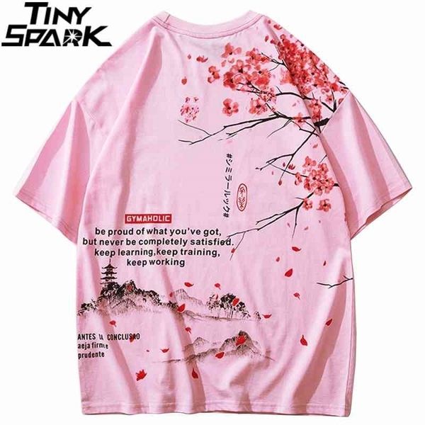 Homens hip hop t shirt streetwear japonês sakura pintura tshirt manga curta de algodão verão harajuku t-shirt japão estilo rosa 210410