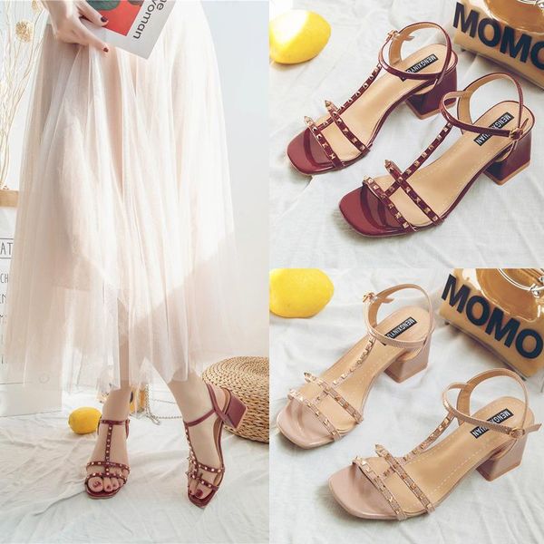 

female high heel sandals solid color shallow mouth fish thick with rivets open toe heels, Black