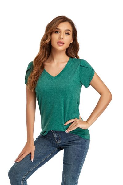 

2021 spring and summer new women's solid color v-neck short sleeve t-shirt wear, White