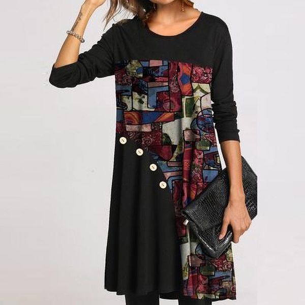 

casual dresses women o neck patchwork party dress autumn long sleeve floral print ladies elegant office loose female vestido, Black;gray