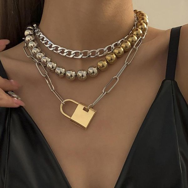

pendant necklaces exaggerated retro jewelry with punk mixed color round bead chain geometric hip hop gold lock necklace for female gifts, Silver
