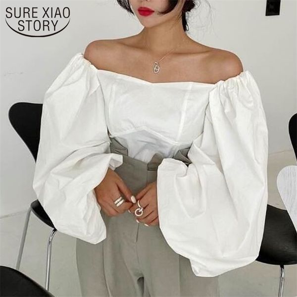 

blusas spring loose puff sleeve solid shirt slash-neck cotton blouse women strapless slim tube chic elegant 210421, White