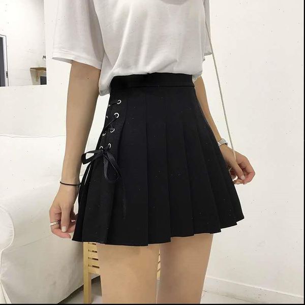 

pleated high waist a womens skirts line all match mini hip hop suspender campus style sexy, Black