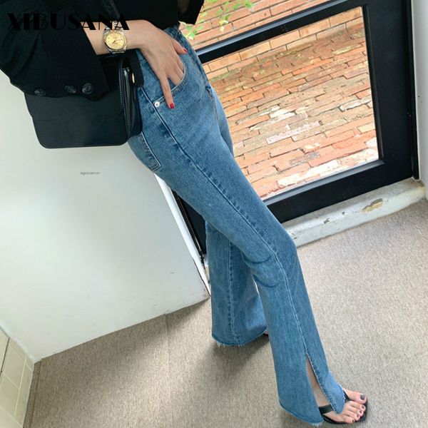 Весна женщины вспышки джинсы брюки высокая талия натянутая эластичная боковая сторона сплит женские худые джинсовые брюки стильный брюк 210423