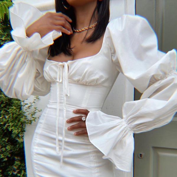 

casual dresses women white dress 2021 autumn vintage slim long puff sleeve fashion party street vacation, Black;gray