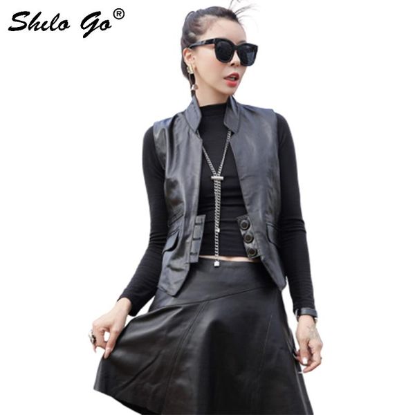 

women's vests genuine leather vest highstreet mock neck button front slim sleeveless sheepskin women autumn office lady outwear female, Black;white