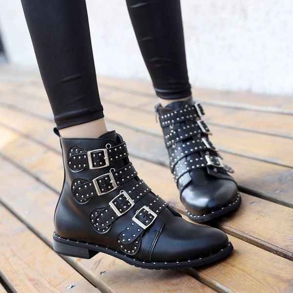 

boots 35-43 european dresigner rivets booties buckle straps thick heel black ankle studded motorcycle belt bootas
