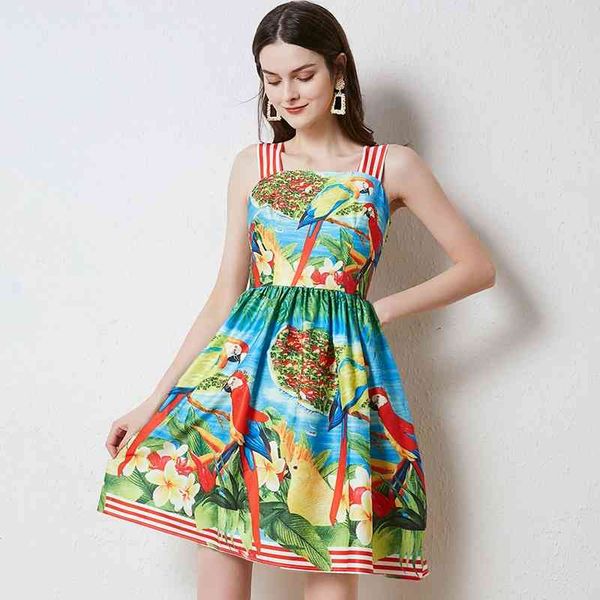 

women striped contrast parrot printed summer dress runway spaghetti strap square collar high waist beach short n7388 210603, Black;gray