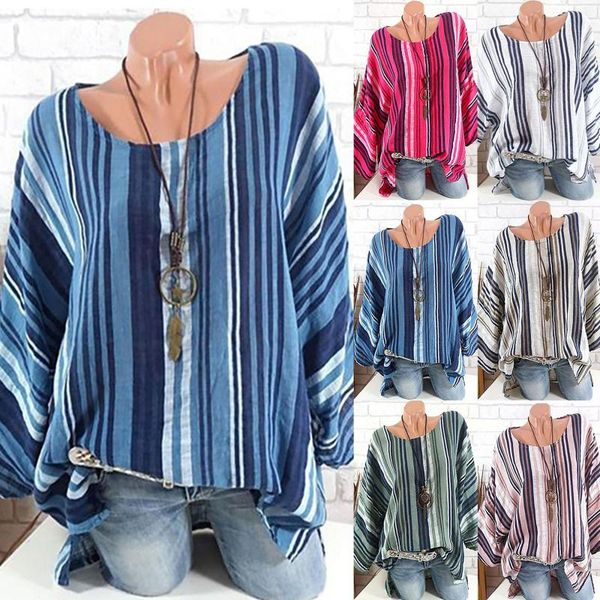 

women's blouses & shirts fashsiualy loose blouse fashion long sleeve casual vintage o-neck striped shirt clothes for women blusa femini, White