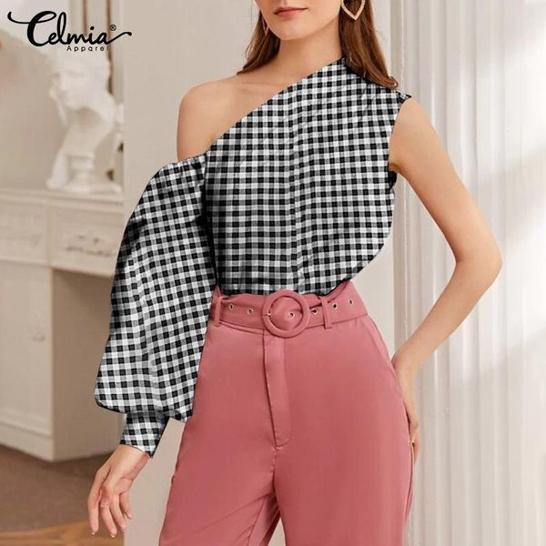 

women's blouses & shirts celmia s-5xl asymmetric 2021 summer one shoulder fashion plaid print casual lantern long sleeve shirt, White