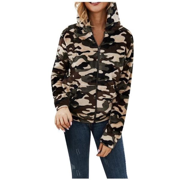 

women's hoodies & sweatshirts winter casual zipper pocket plush hooded female ladies camouflage printed autumn sweter damski, Black