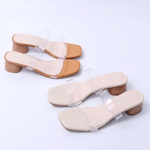 

slippers 2021 fashion square toe thick heels women luxury designer summer ladies open shoes sandals transparent, Black