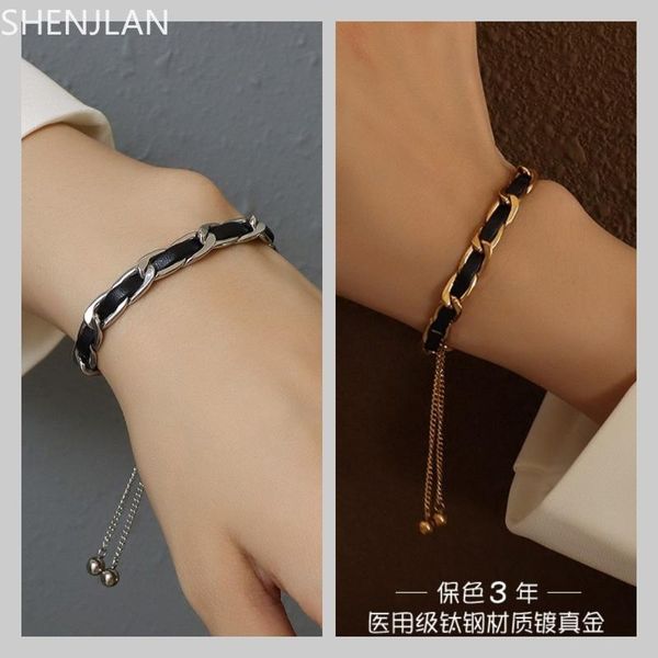 

link, chain sell 316l stainless steel gold silver plated leather bracelet for women hip hop punk trendy jewelry, Black