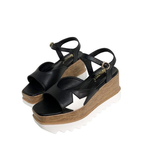 

dress shoes women high heel 8cm square toe sandals summer platform wedges heels casual creepers femme, Black