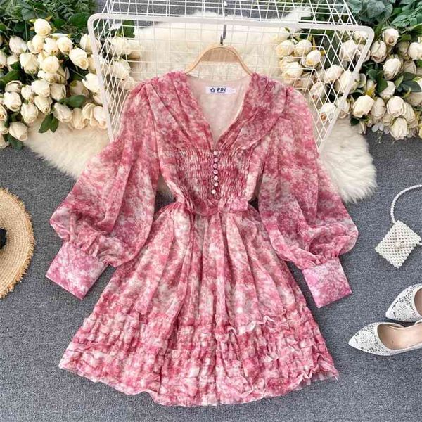 Cyber Celebrity Chiffon Blumendruck Kleid weiblich Frühling Sommer Französisch Retro Super Fairy Sweet V-Ausschnitt Kurz A-Linie ML857 210506