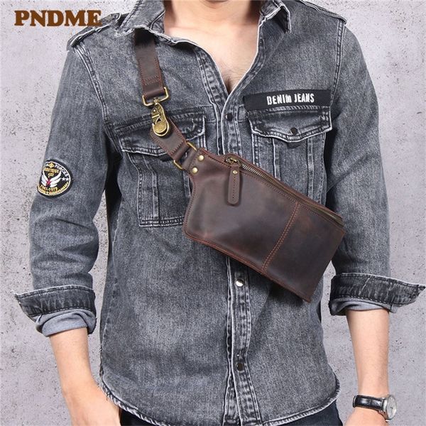 

pndme retro multifunctional genuine leather men's chest bag crazy horse cowhide waist pack sports small shoulder messenger bags 220216