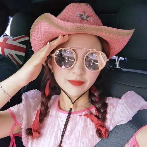 

wide brim hats sun men women summer spring panama gradient color belt band straw pink star print hip hop, Blue;gray