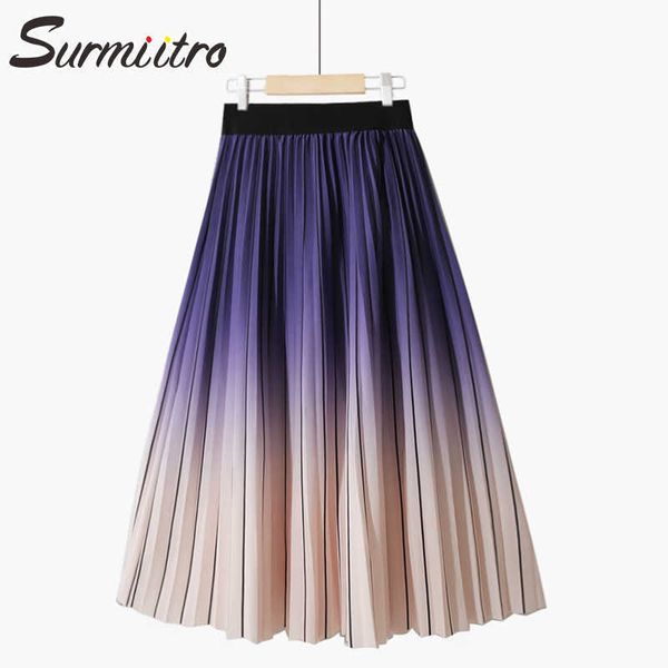

surmiitro spring summer midi long skirt women korean style elegant gradient mid-length high waist pleated skirt female 210712, Black
